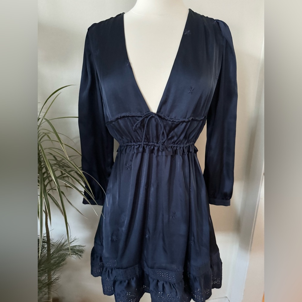 Sunday Best satin finish blue long sleeve deep v dress Size XS